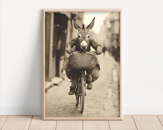 Donkey Riding Bicycle Vintage Poster Sepia Street Photography Animal Art