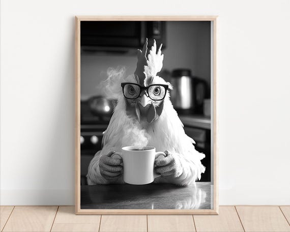 Chicken Drinking Coffee Poster Or Canvas Funny Kitchen Wall Art Shop Decor Lover Dining Room Cute Animal Print