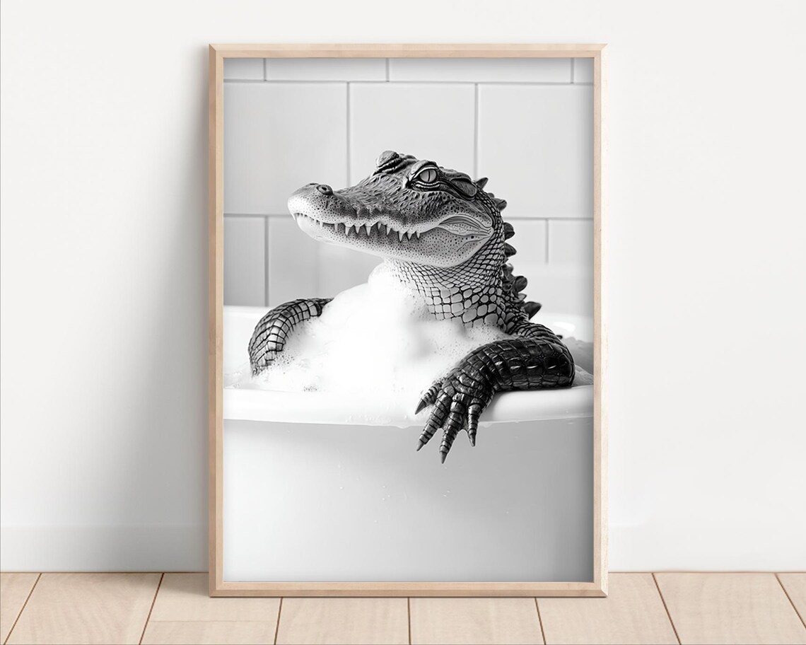 Crocodile Taking A Bubble Bath, Funny Bathroom Art
