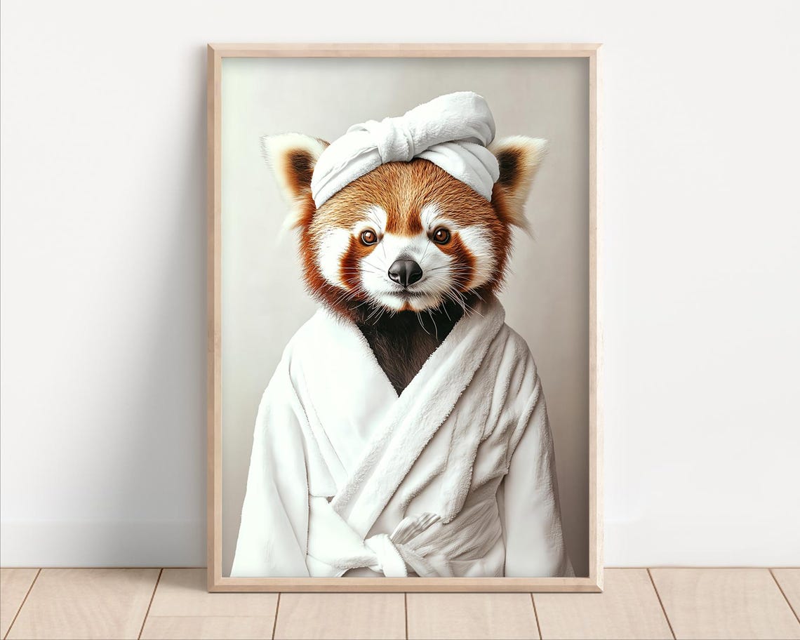 Cute Red Panda in a Bathrobe and Towel Turban Spa Day Bathroom Poster