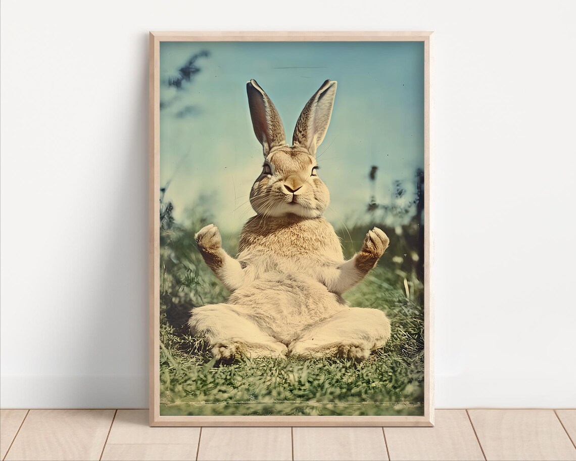 Zen Meditating Bunny Lotus Pose Sunny Vintage Meadow Yoga Poster