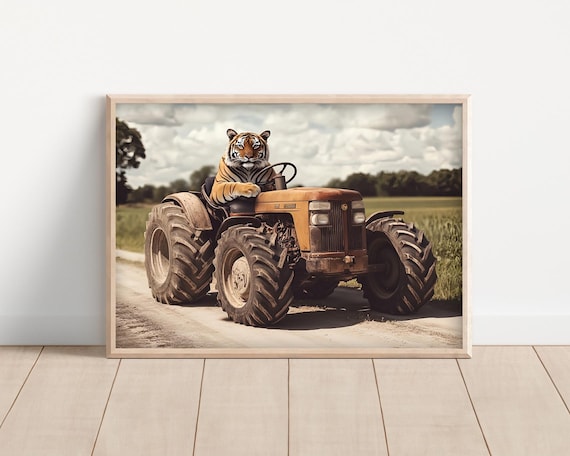 Funny Tiger Driving an Orange Vintage Tractor Farm Animal Wall Poster