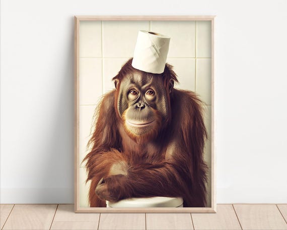 Orangutan Ape With Toilet Paper On Poster Canvas Funny Bathroom Wall Art Cute Kids Laundry Room Decor Quirky Animal Humor Print