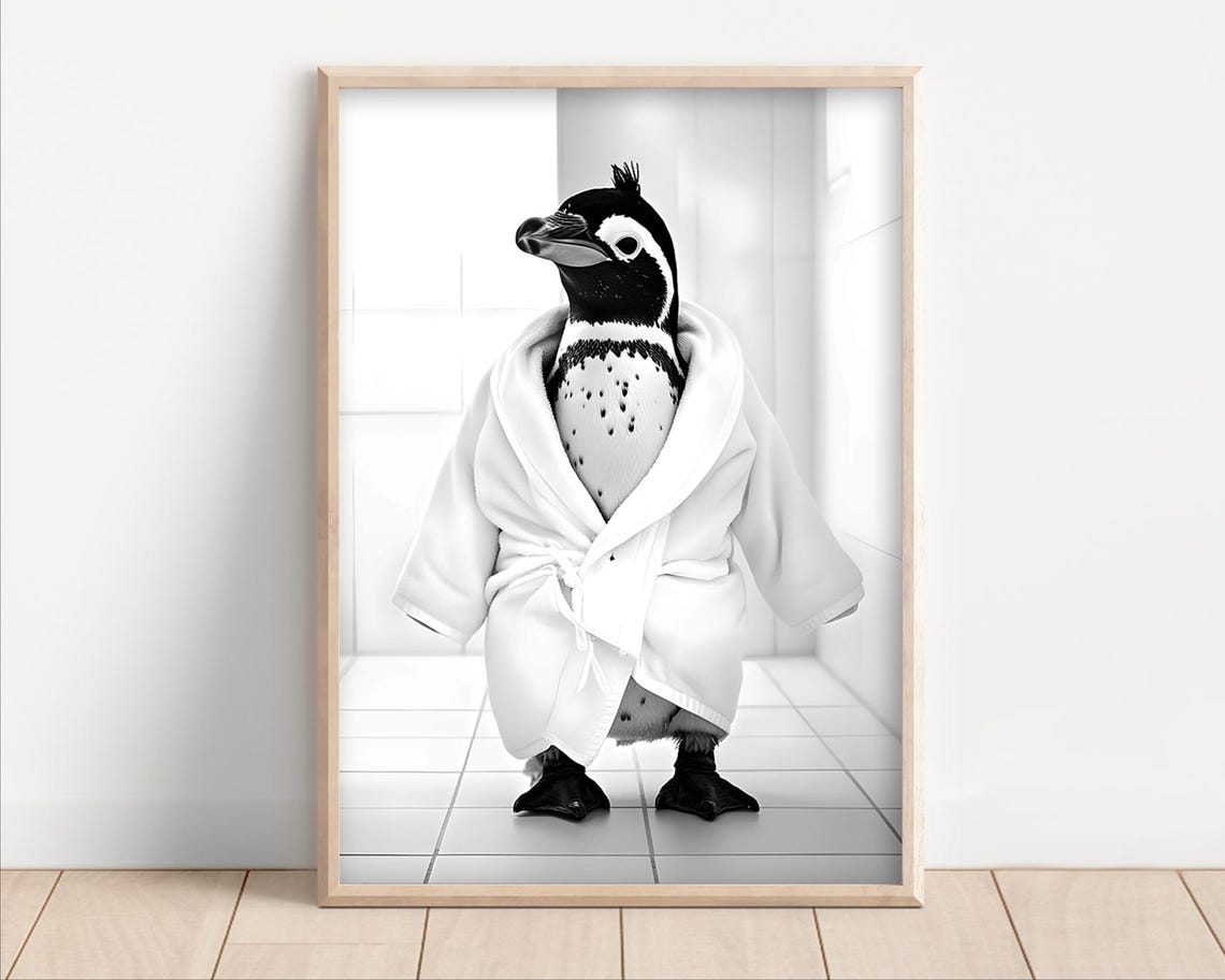 Penguin Wearing Bathrobe Funny Black And White Bathroom Poster