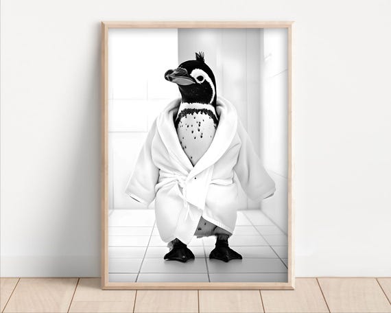 Penguin Wearing A Bathrobe Poster Or Canvas Funny Bathroom Wall Art Cute Animals In Kids Laundry Room Decor Print