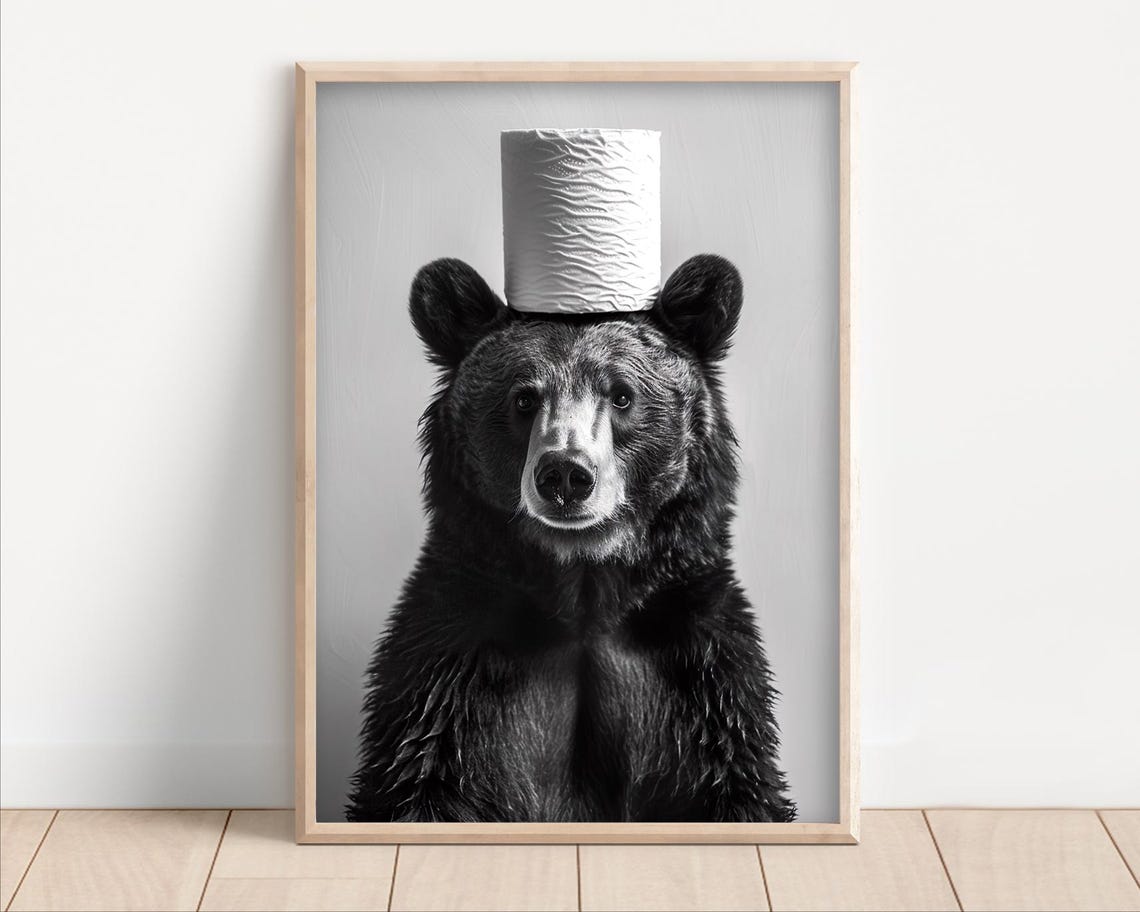 Funny Black Bear Balancing Toilet Paper Roll On Its Head Poster