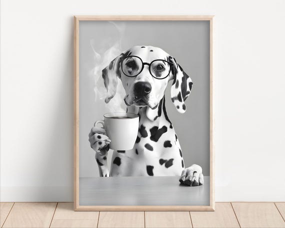 Dalmatian Dog Drinking Coffee Wearing Glasses Poster Or Canvas Funny Kitchen Wall Art Lover Humor Cute Animal Decor Lovers