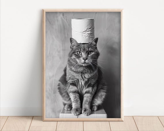 Cat With Toilet Paper On Poster Or Canvas Funny Bathroom Wall Art Kids Laundry Room Decor Animal Humor Photo Cute Print