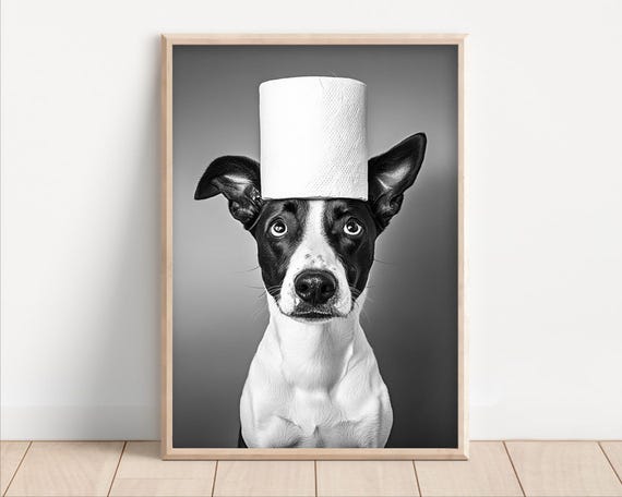 Dog With Toilet Paper On Poster Or Canvas Funny Bathroom Wall Art Kids Laundry Room Decor Animal Humor Photo Cute Print
