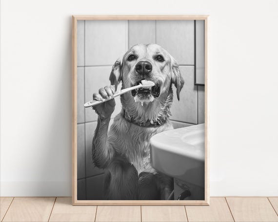 Dog Brushing Teeth Poster Or Canvas Funny Bathroom Wall Art Kids Laundry Room Decor Vintage Style Retro Animal Print Cute Humor