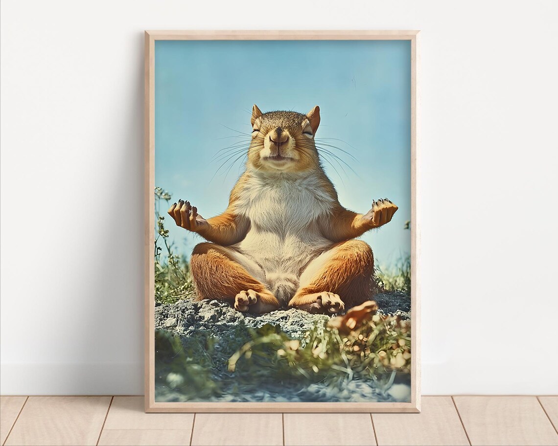 Yoga Squirrel Poster, Retro Zen Animal Humor Print