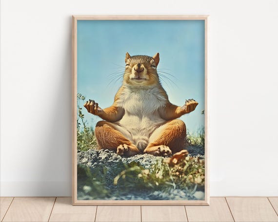 Yoga Squirrel Poster, Retro Zen Animal Humor Print