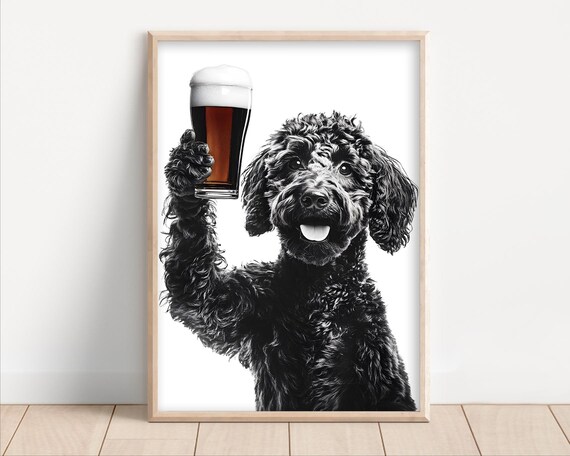 Labradoodle Dog Drinking Beer Poster Or Canvas Lover Decor Alcohol Humor Art Funny Kitchen Wall Owner Gift Home Bar Print