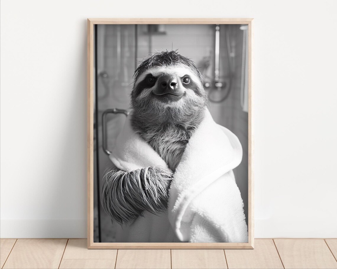 Sloth Wearing A Bathrobe Poster Or Canvas Funny Bathroom Wall Art Cute Animals In Kids Laundry Room Decor Print