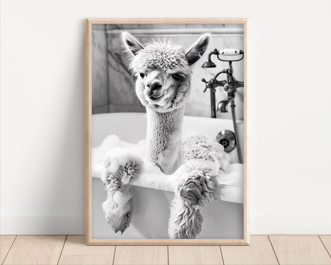 Alpaca Taking a Bath Vintage-Style Bathroom Print