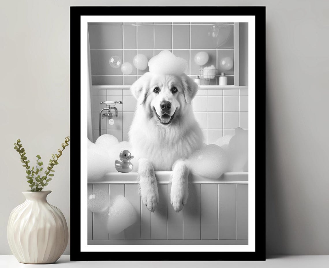 Great Pyrenees Dog Bubble Bath Black and White Fun Bathroom Poster