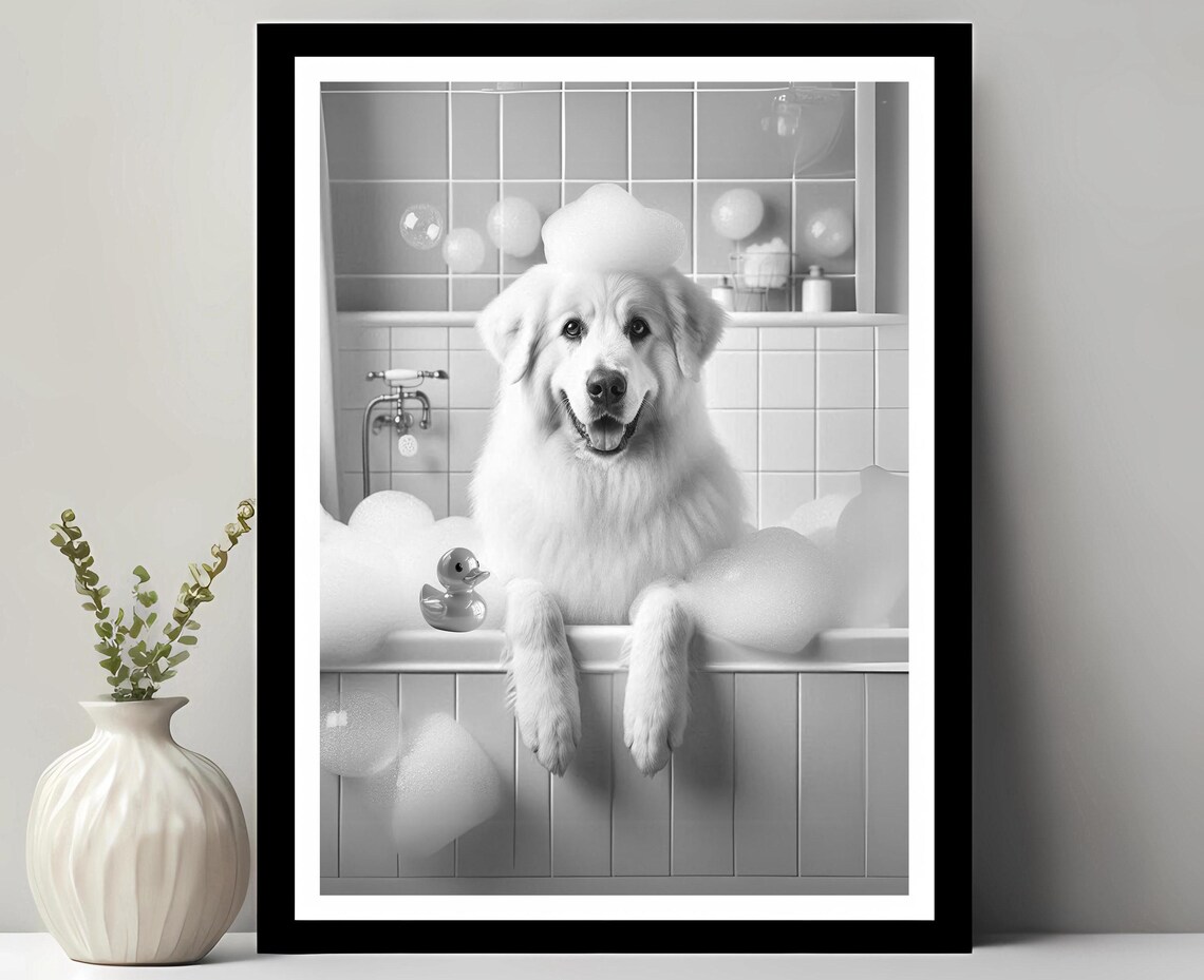 Great Pyrenees Wall Art Funny Bathroom Decor Pet Portrait Dog Gift In Bubble Bath