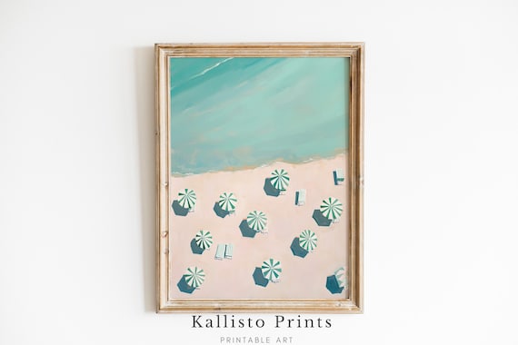 Aerial Beach Umbrellas Minimalist Mint Water Pink Sand Poster