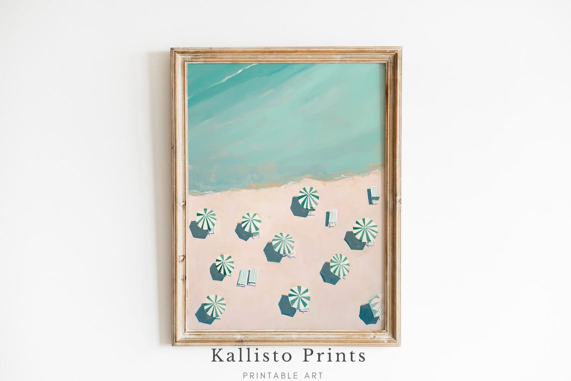 Aerial Beach Umbrellas Minimalist Mint Water Pink Sand Poster