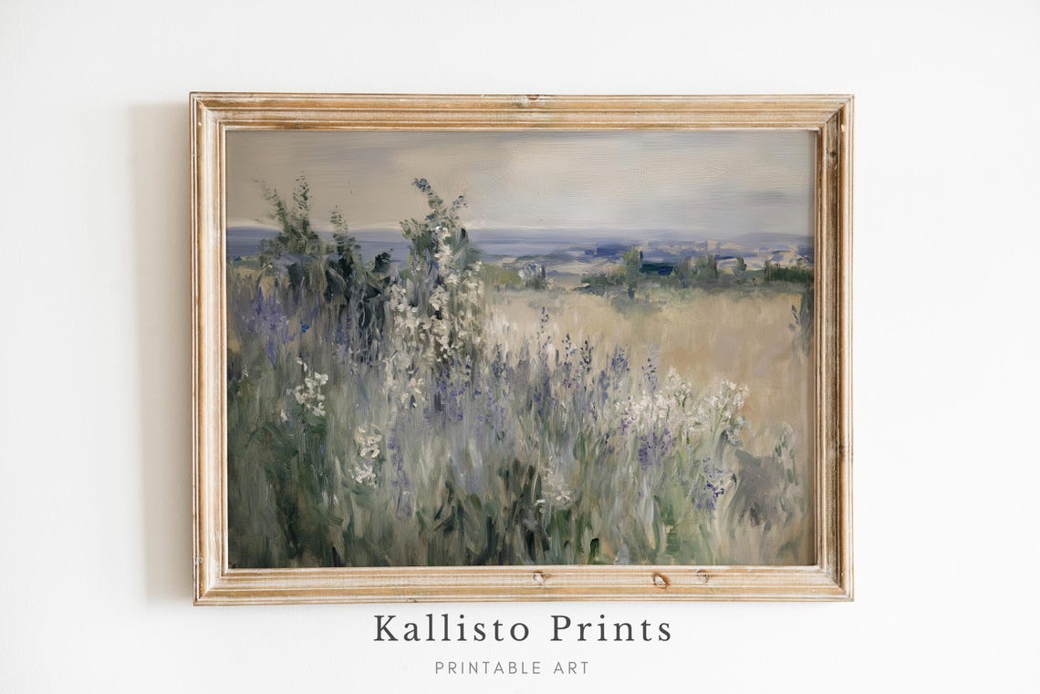 Lavender And White Wildflower Field On Hillside Landscape Poster