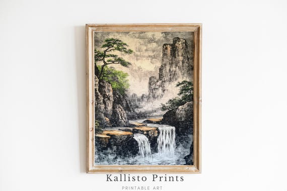 Zen Waterfall Landscape Wall Art Chinese Ink Painting Tranquil Mountain Decor For Meditation 1201