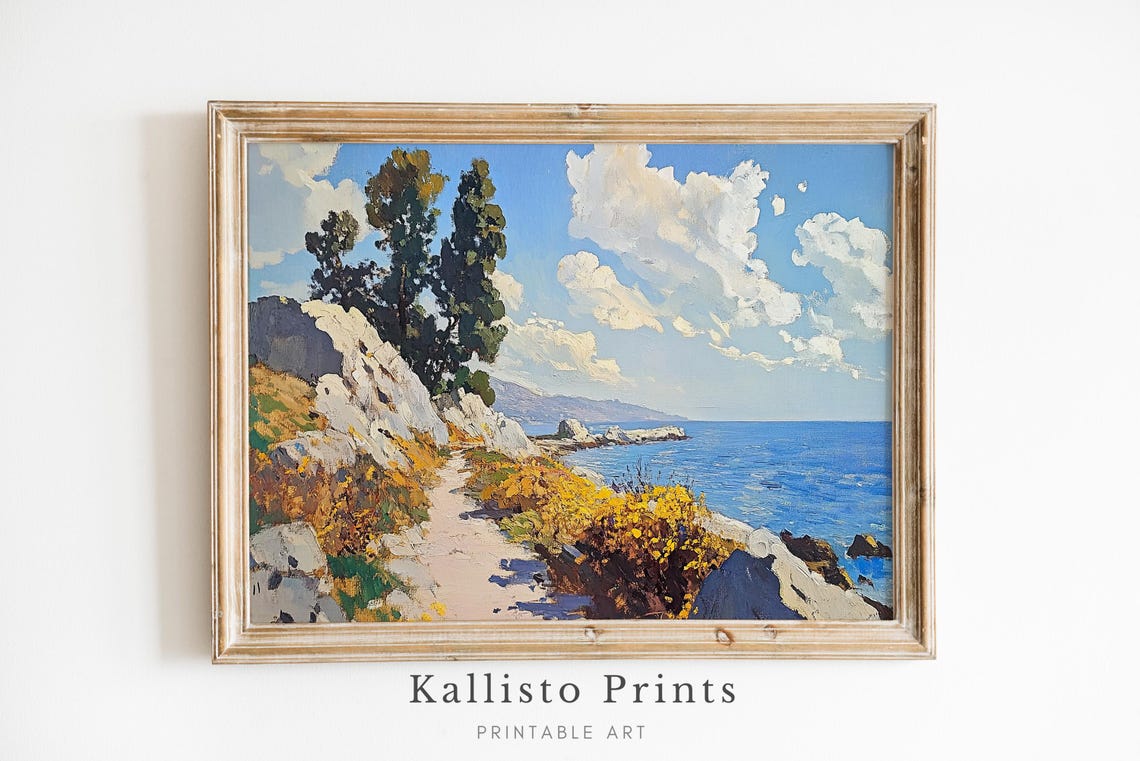 Mediterranean Coastal Cliff Path Pines Wildflowers Sea Art Poster