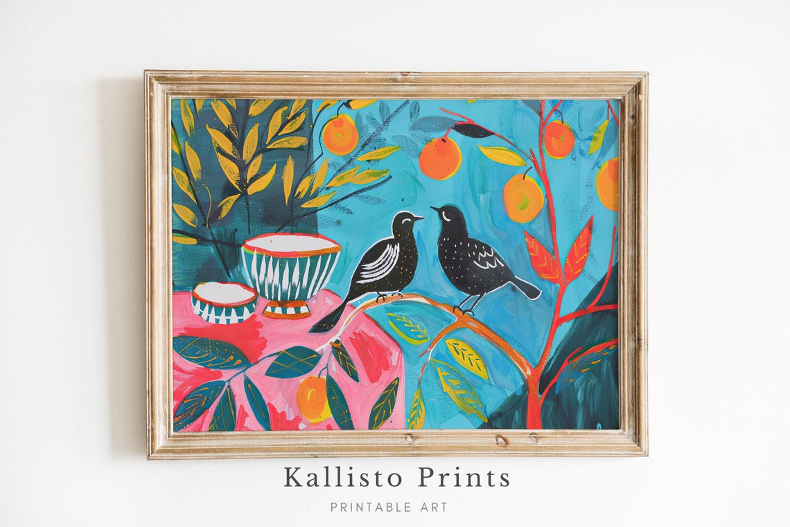 Whimsical Birds Citrus Tree Poster Colorful Folk Art Kitchen Decor