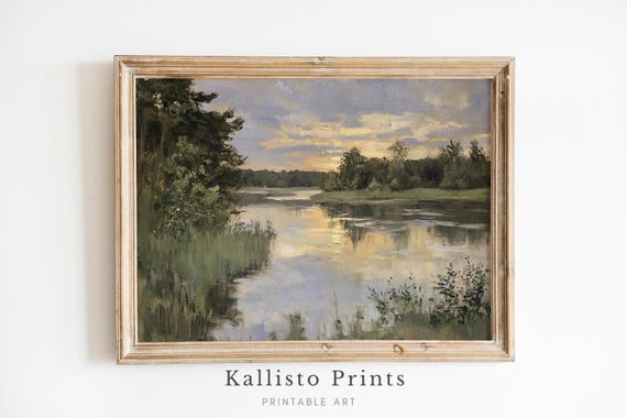 Sunset Reflections On A Quiet Lake Print Peaceful Landscape Wall Art Rustic Farmhouse Decor Download805