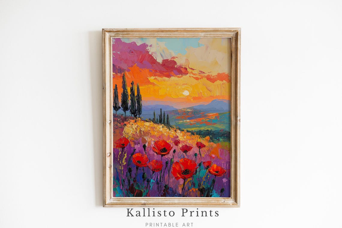 Sunset Poppy Field Cypress Trees Vibrant Orange Sky Art Poster