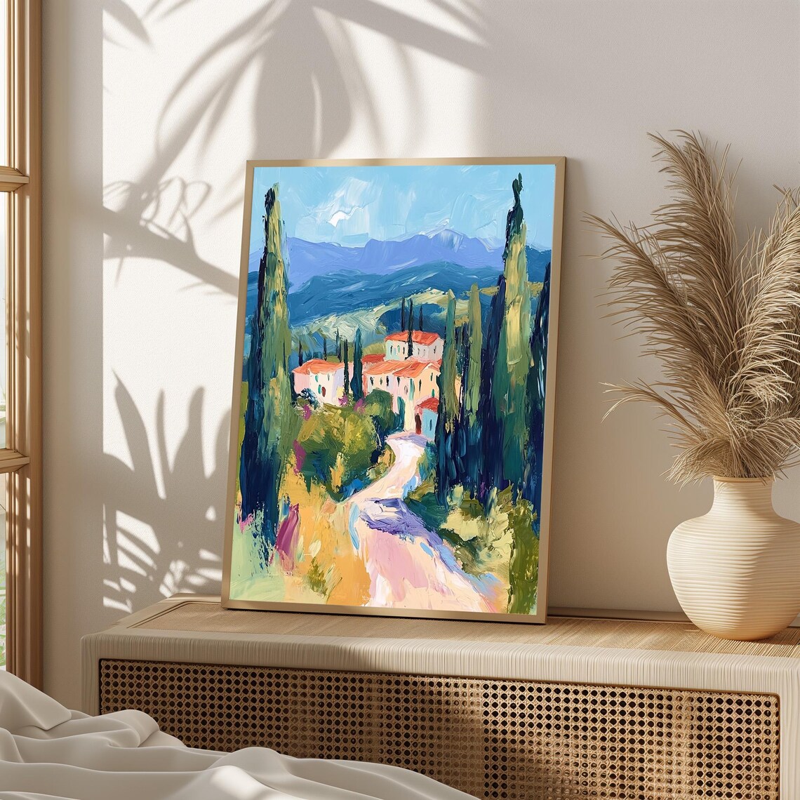 Colorful Tuscan Village Cypress Trees Country Road Art Poster
