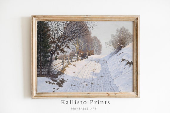 Winter Country Path Art Print Serene Snowy Landscape With Fences And Trees Rustic Rural Wall Decor Peaceful Art270