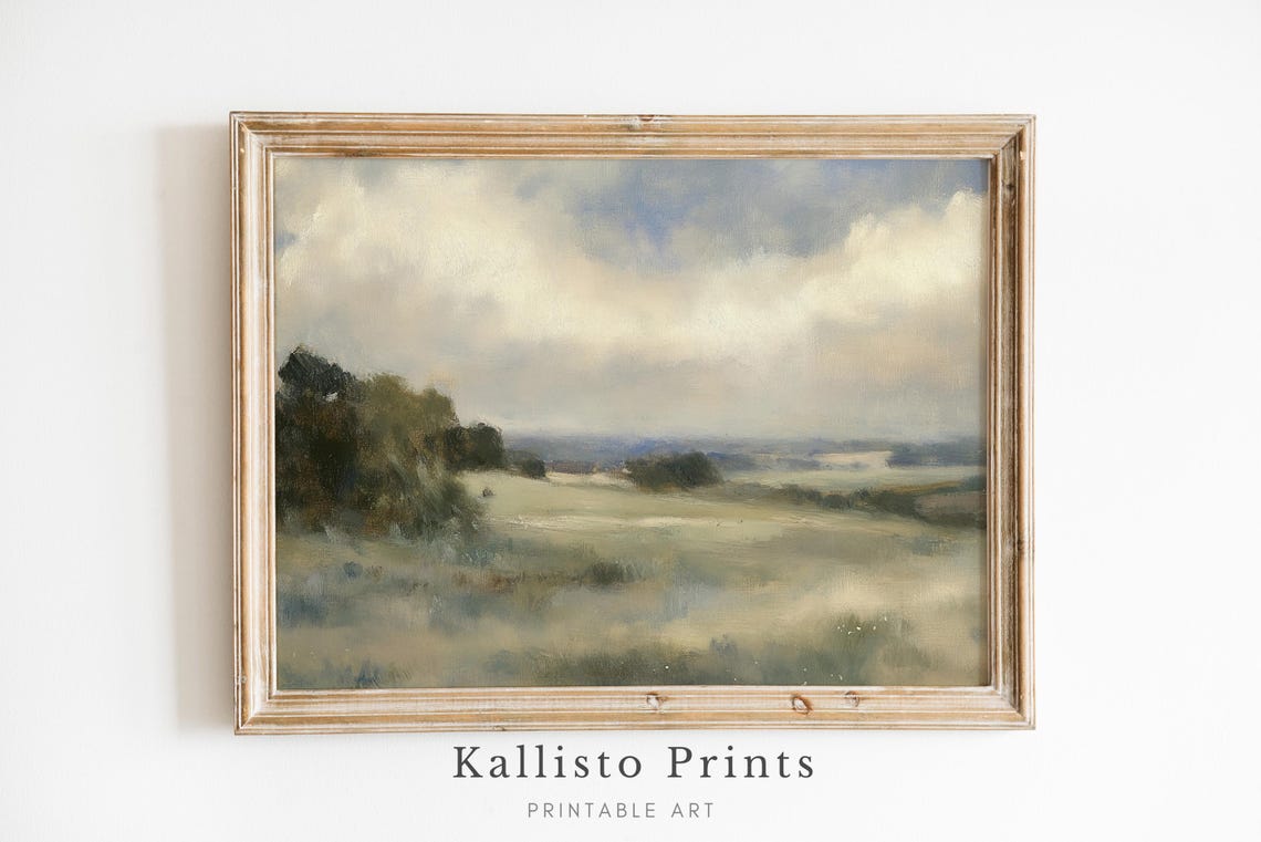 Soft Pastoral Landscape With Rolling Hills In Muted Sage Morning Print