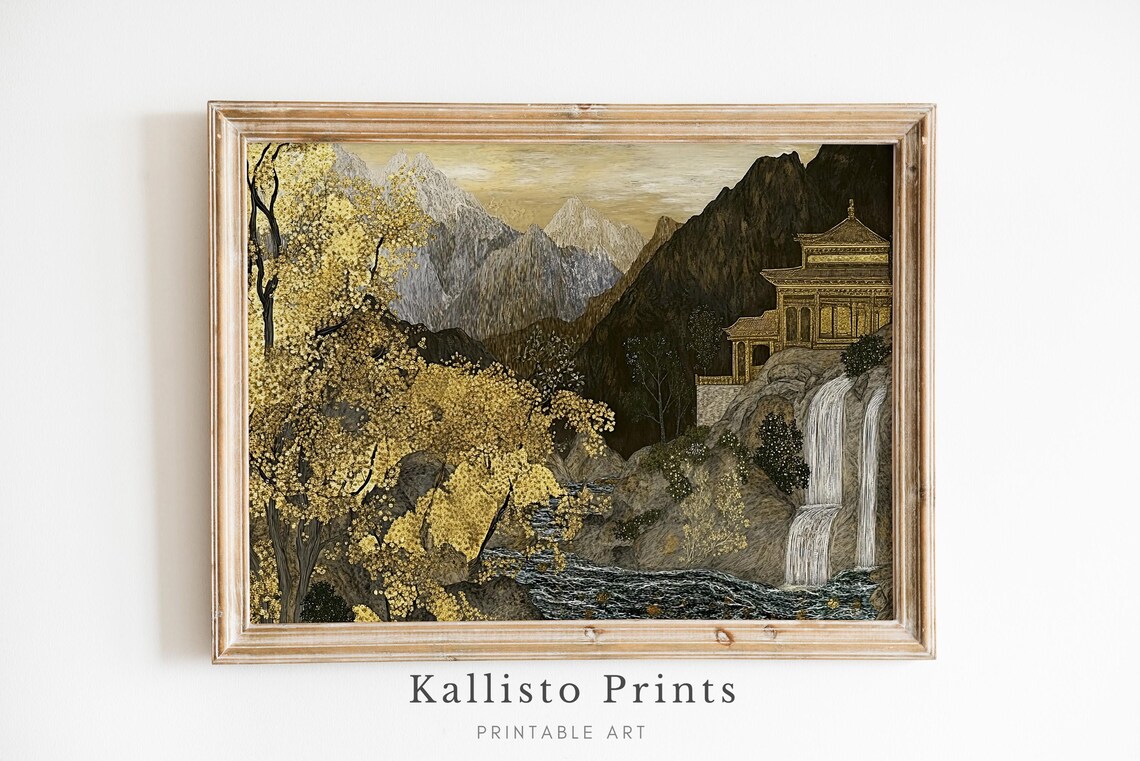 Golden Asian Temple Mountain Waterfall Autumn Landscape Poster
