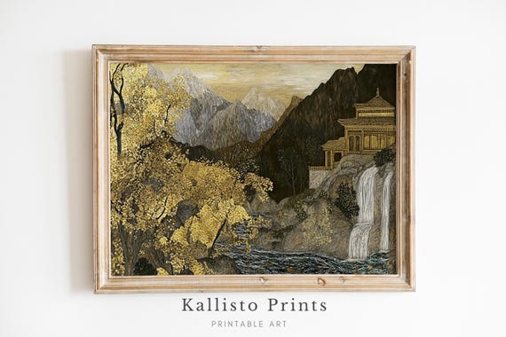Golden Asian Temple Landscape Art Zen Waterfall Painting With Blossoms And Mountains Tranquil Oriental Wall Decor 1155