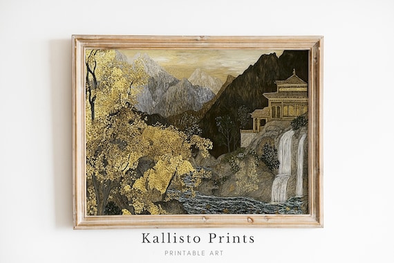 Golden Asian Temple Mountain Waterfall Autumn Landscape Poster