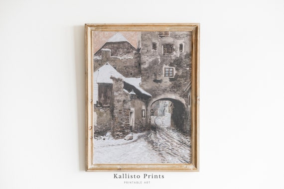 Snowy Street Art Print Historic European Architecture In Winter Rustic Vintage Wall Decor Cozy Landscape Printable241
