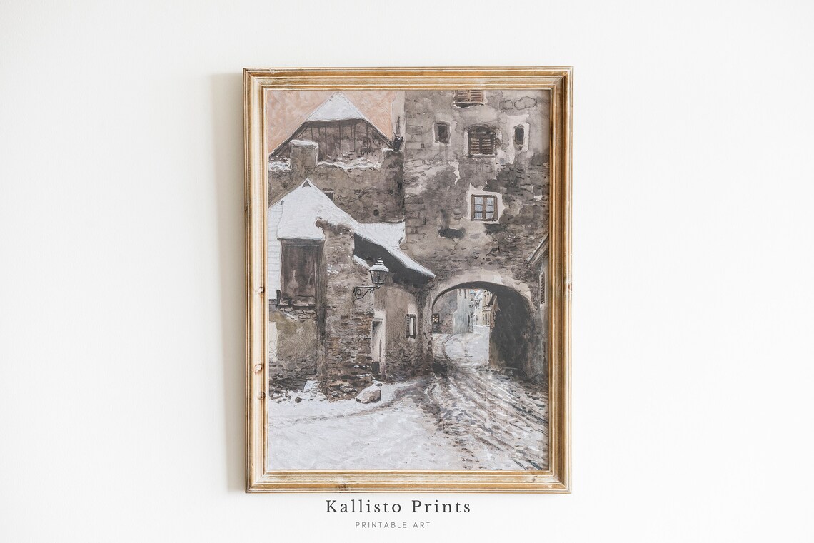 Vintage Snowy Old European Street Stone Archway Winter Poster