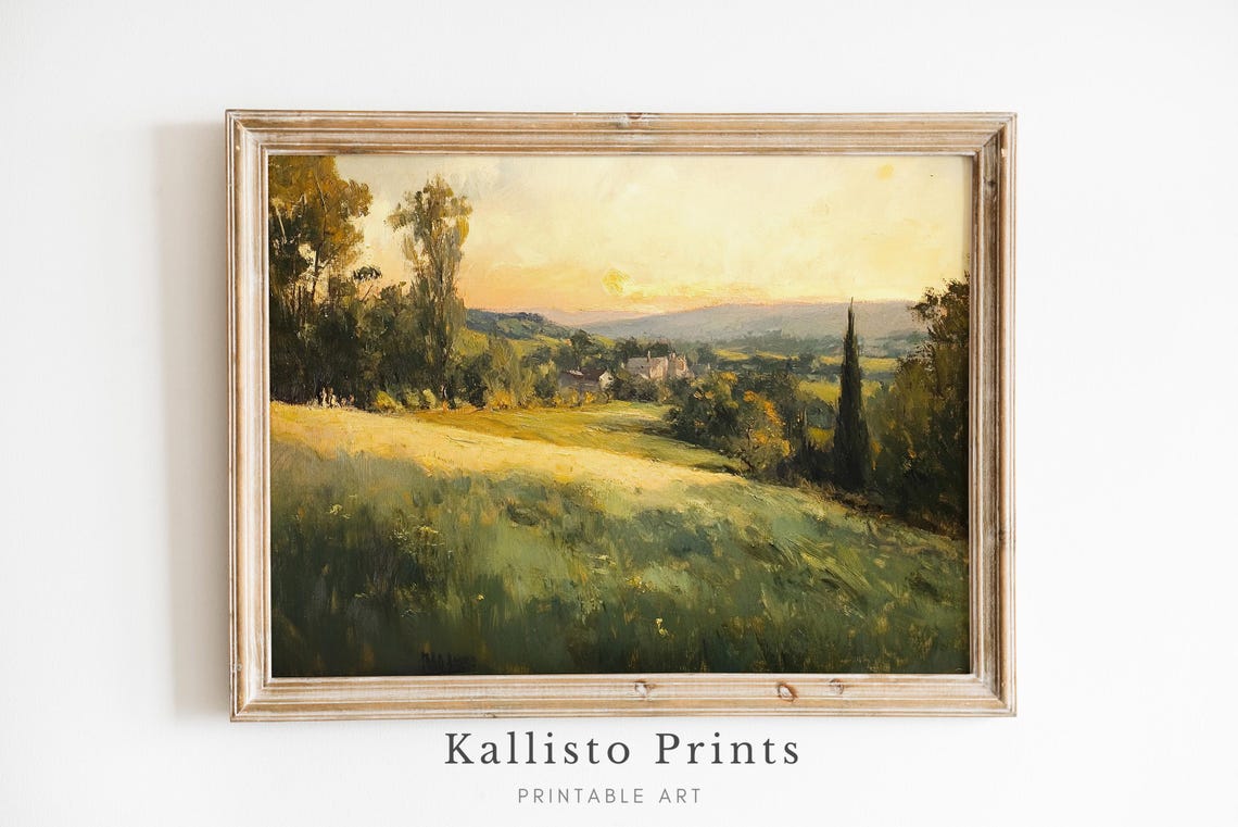 Golden Sunset Valley Cypress Trees Village Distance Art Poster