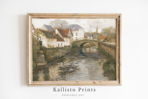 Charming Riverside Village Painting Quaint European Countryside Art Print Rustic Bridge Cottage Scene Vintage Decor301