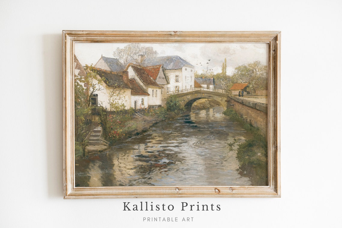Riverside Village Stone Bridge Old Cottages Vintage Painting Poster