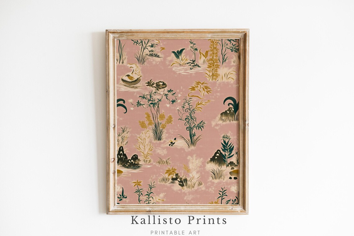 Pink Chinoiserie Botanical Oriental Bird Floral Decor Poster
