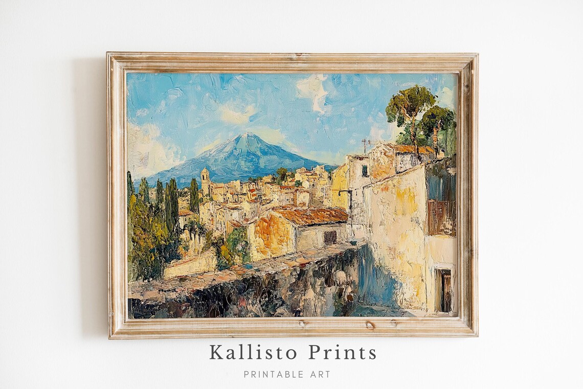 Italian Hill Village Volcano View Poster Mediterranean Town Oil Art