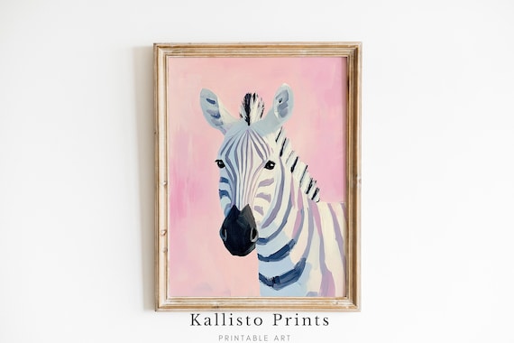 Zebra Portrait On Soft Pink Background Playful Painted Nursery Wall Art