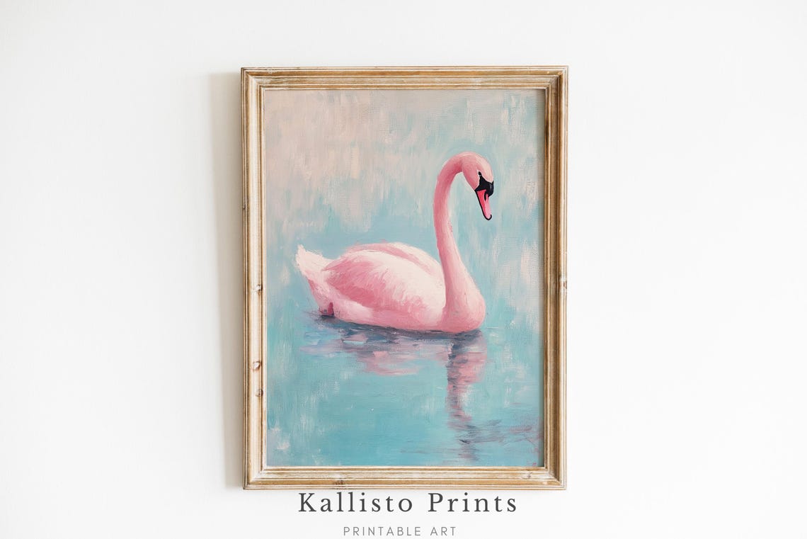 Elegant Pink Swan On Turquoise Water Pastel Serene Lake Wall Art