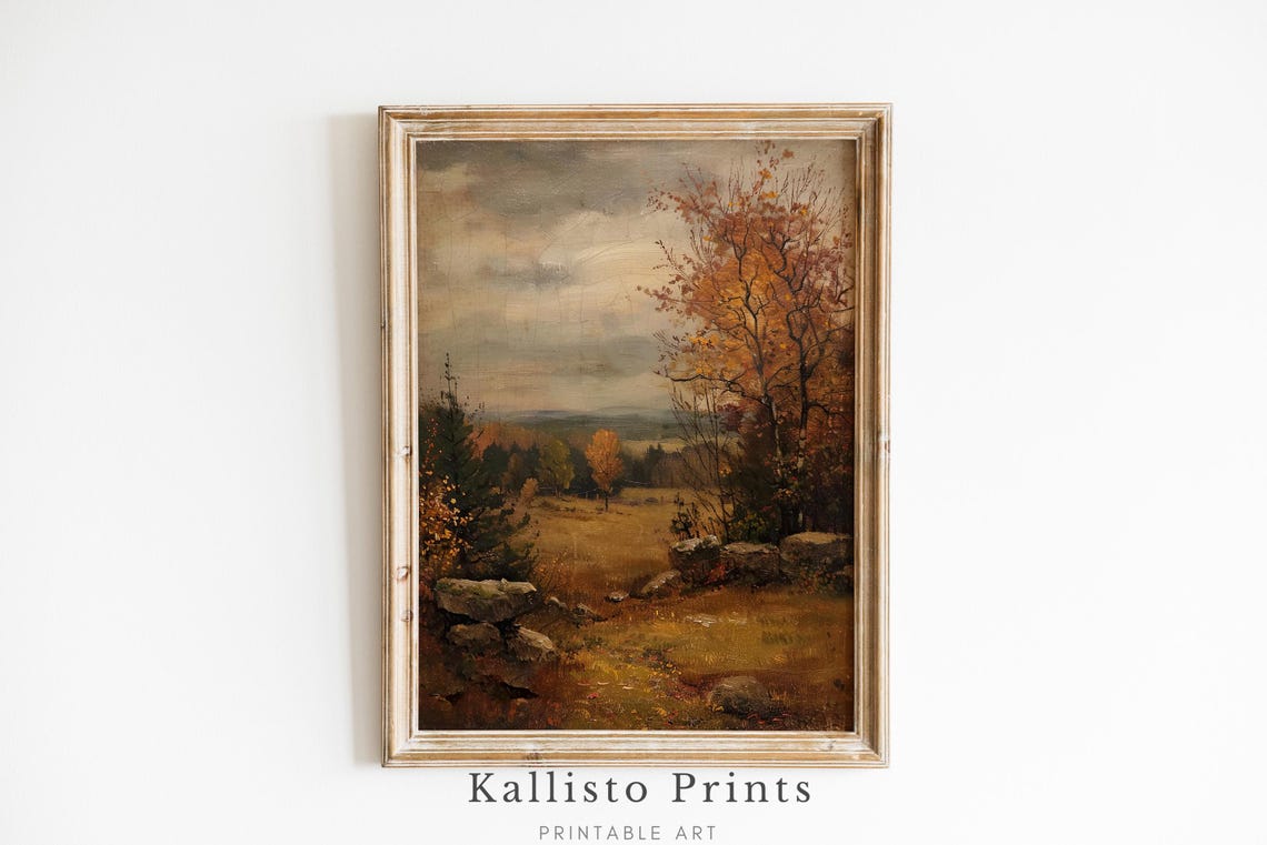 Rustic Autumn Landscape Golden Field Vintage Countryside Wall Art