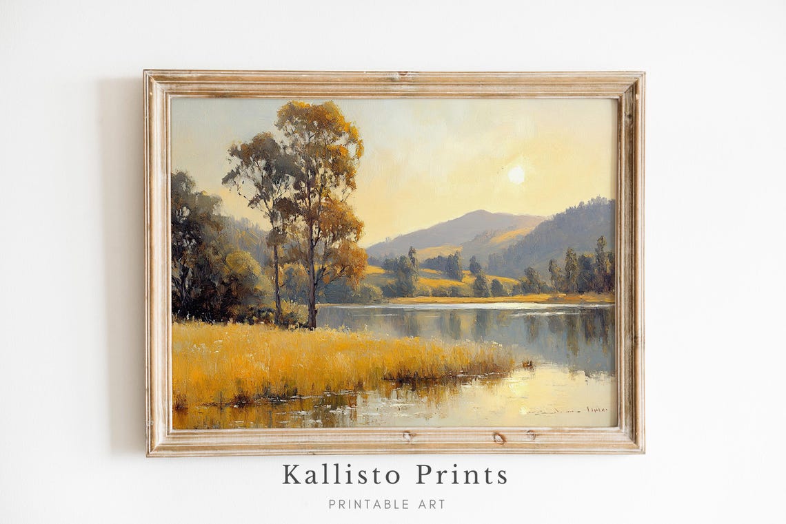 Golden Sunrise Over Lake Yellow Reeds Mountains Painting Poster