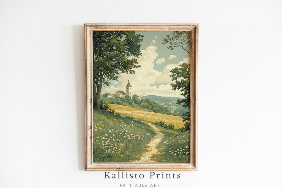 Vintage Countryside Church Tower Path Rustic Village Art Poster