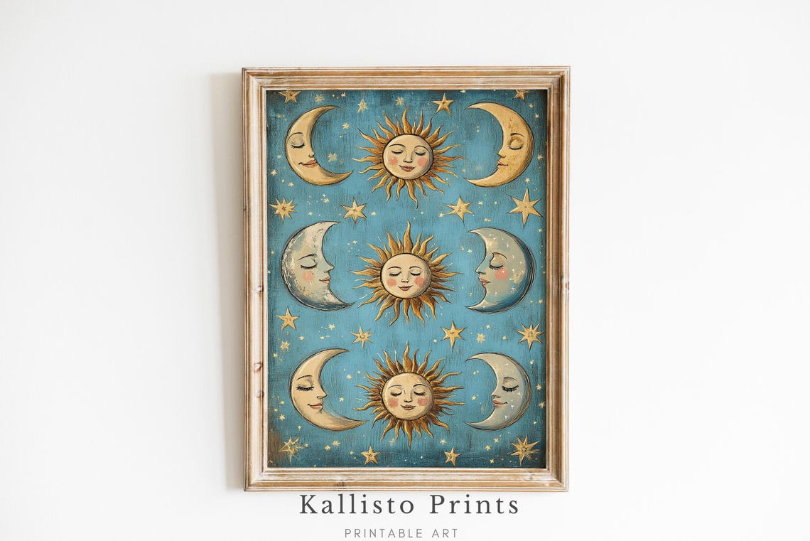 Vintage Sun and Moon Art Print, Celestial Decor