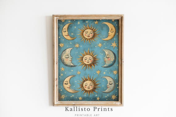 Vintage Sun and Moon Art Print, Celestial Decor