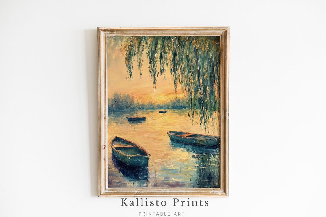 Golden Rowboats Sunset Lake Impressionist Willow Trees Poster
